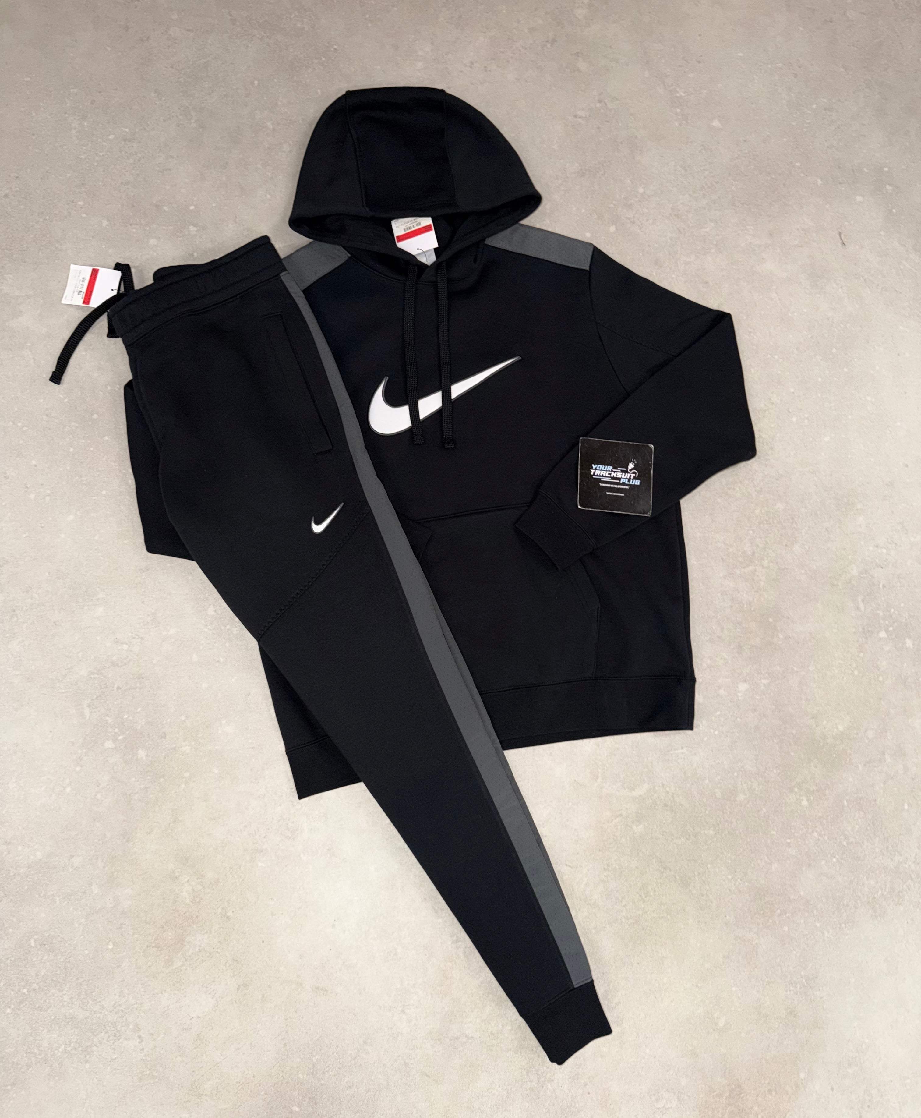 NIKE FLEECE HOODY TRACKSUIT BLACK , GREY & WHITE